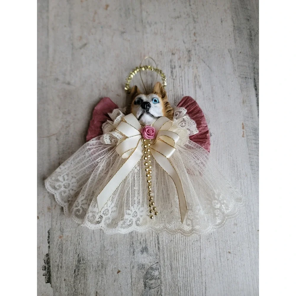 vintage husky dog puppy angel religious ornament lace Xmas home